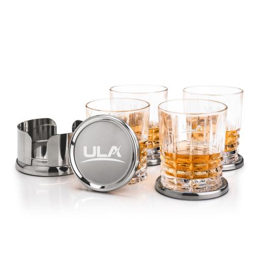 Corporate Recognition Gifts - Etched Barware - Baldoni Coasters & Fortino On-the-Rocks Set
