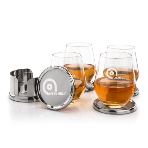 Corporate Recognition Gifts - Etched Barware - Baldoni Coasters & Graydon On-the-Rocks Set