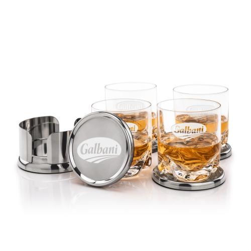 Corporate Recognition Gifts - Etched Barware - Baldoni Coasters & Hillcrest On-the-Rocks Set