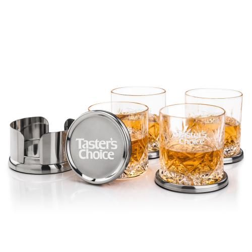 Corporate Recognition Gifts - Etched Barware - Baldoni Coasters & Park Lane On-the-Rocks Set