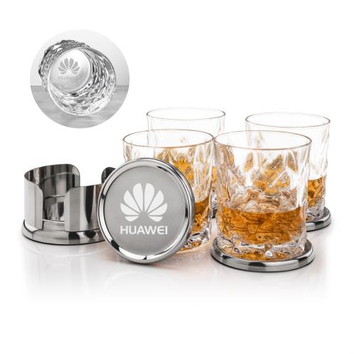 Corporate Recognition Gifts - Etched Barware - Baldoni Coasters & Woodward On-the-Rocks Set