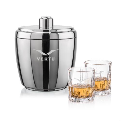 Pescara Ice Bucket & Newport On-the-Rocks Set Corporate Recognition Gifts - Etched Barware - Pescara Ice Bucket & Newport On-the-Rocks Set