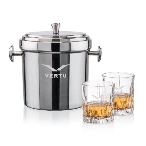 Corporate Recognition Gifts - Etched Barware - Milano Ice Bucket & Newport On-the-Rocks Set