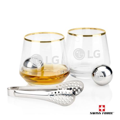 Corporate Recognition Gifts - Etched Barware - Swiss Force&reg; S/S Balls & 2 Tucson OTR - Gold Rim