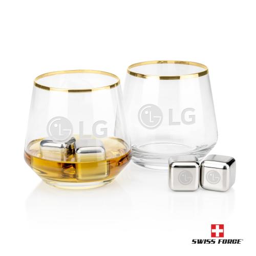 Corporate Recognition Gifts - Etched Barware - Swiss Force&reg; S/S Ice Cubes & 2 Tucson OTR - Gold Rim