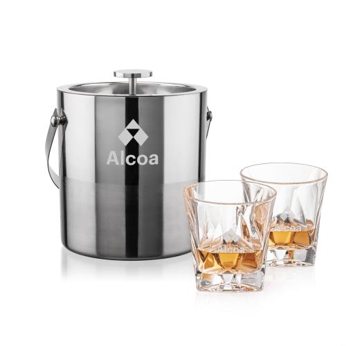 Catania Ice Bucket & Oakhaven On-the-Rocks Set Corporate Recognition Gifts - Etched Barware - Catania Ice Bucket & Oakhaven On-the-Rocks Set