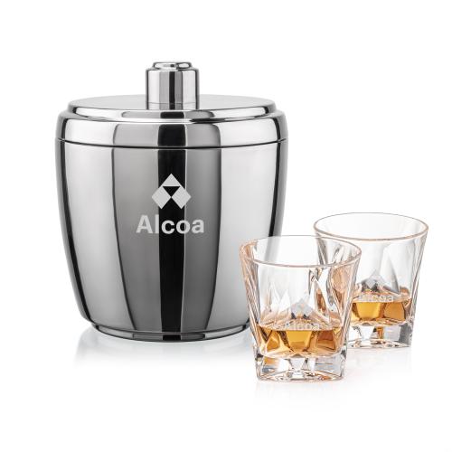 Pescara Ice Bucket & Oakhaven On-the-Rocks Set Corporate Recognition Gifts - Etched Barware - Pescara Ice Bucket & Oakhaven On-the-Rocks Set