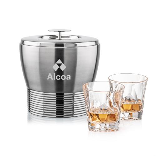 Genoa Ice Bucket & Oakhaven On-the-Rocks Set Corporate Recognition Gifts - Etched Barware - Genoa Ice Bucket & Oakhaven On-the-Rocks Set