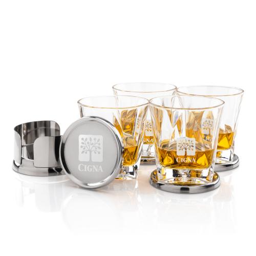 Corporate Recognition Gifts - Etched Barware - Baldoni Coasters & Oakhaven On-the-Rocks Set