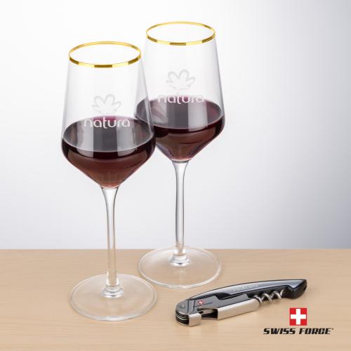 Corporate Recognition Gifts - Etched Barware - Swiss Force&reg; Opener & Tucson Gold Rim Wine