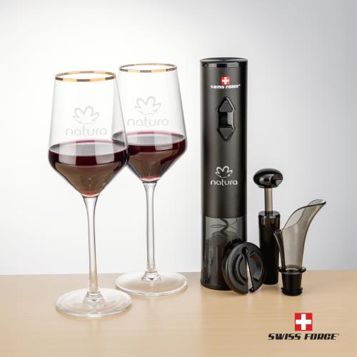 Corporate Recognition Gifts - Etched Barware - Swiss Force&reg; Opener Set & Tucson Gold Rim Wine