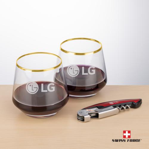 Corporate Recognition Gifts - Etched Barware - Swiss Force&reg; Opener & Tucson Gold Rim Stemless Wine