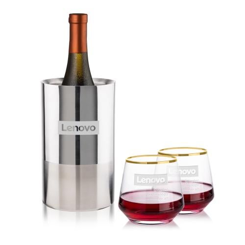 Corporate Recognition Gifts - Etched Barware - Catania Wine Cooler & Tucson Gold Rim Stemless Wine
