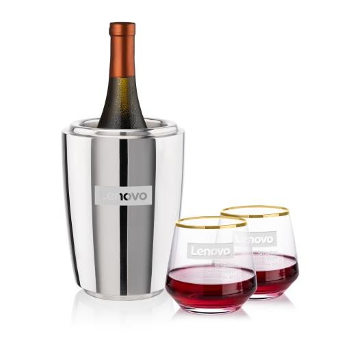 Corporate Recognition Gifts - Etched Barware - Pescara Wine Cooler & Tucson Gold Rim Stemless Wine