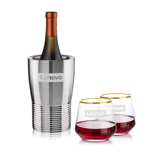 Corporate Recognition Gifts - Etched Barware - Genoa Wine Cooler & Tucson Gold Rim Stemless Wine