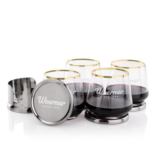Corporate Recognition Gifts - Etched Barware - Baldoni Coasters & Tucson Gold Rim Stemless Wine Set