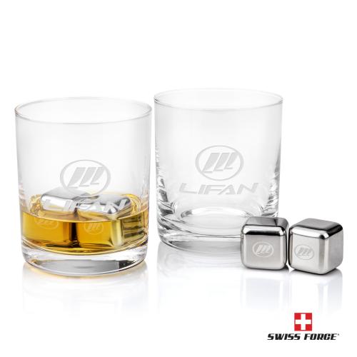 Corporate Recognition Gifts - Etched Barware - Swiss Force&reg; S/S Ice Cubes & 2 Waldorf OTR