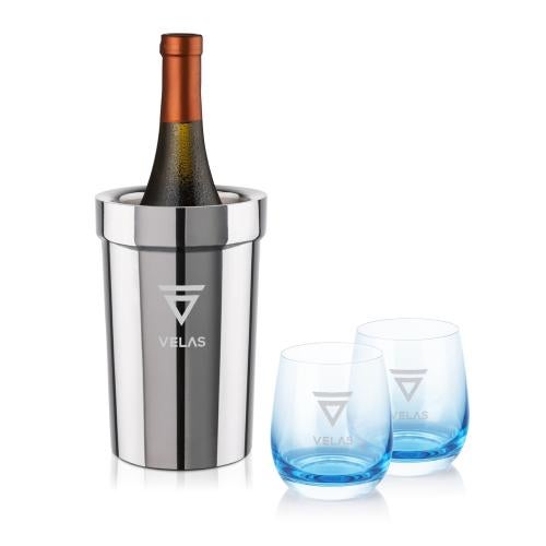 Corporate Recognition Gifts - Etched Barware - Milano Wine Cooler & Soudan Blue Stemless Wine