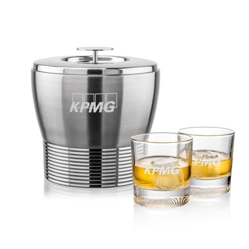 Corporate Recognition Gifts - Etched Barware - Genoa Ice Bucket & Baldwin On-the-Rocks