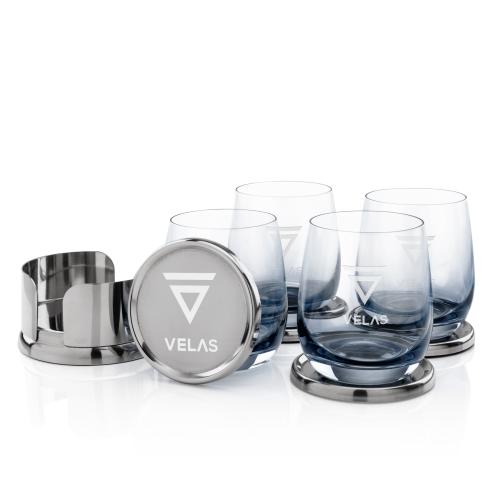 Corporate Recognition Gifts - Etched Barware - Wine Glasses - Baldoni Coasters & Soudan Smoke Stemless Wine Set