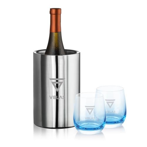 Corporate Recognition Gifts - Etched Barware - Jacobs Wine Cooler & Soudan Blue Stemless Wine