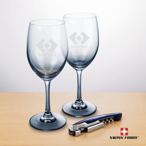 Corporate Recognition Gifts - Etched Barware - Swiss Force&reg; Wine Tool & 2 Soudan Smoke Wine