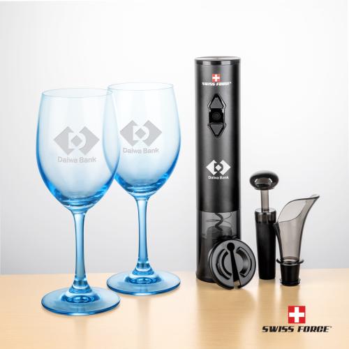 Corporate Recognition Gifts - Etched Barware - Swiss Force&reg; Opener Set & Soudan Blue Wine