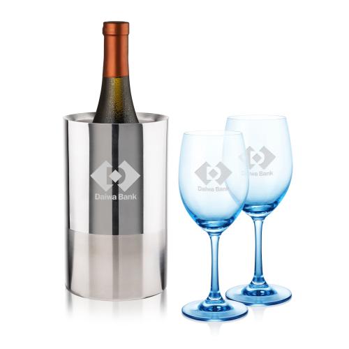 Corporate Recognition Gifts - Etched Barware - Catania Wine Cooler & Soudan Blue Wine