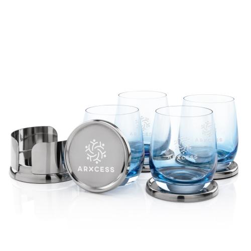 Corporate Recognition Gifts - Etched Barware - Baldoni Coasters & Soudan On-the-Rocks Set - Blue 