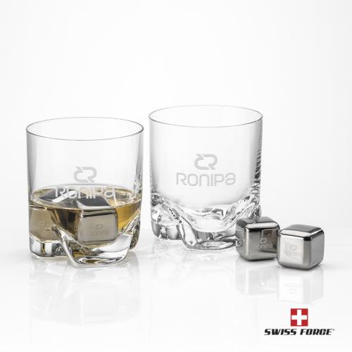 Corporate Recognition Gifts - Etched Barware - Swiss Force&reg; S/S Ice Cubes & 2 Hillcrest OTR
