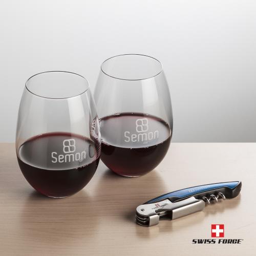 Corporate Recognition Gifts - Etched Barware - Swiss Force&reg; Opener & Carlita Stemless Wine