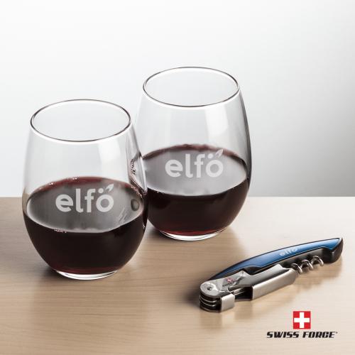 Corporate Recognition Gifts - Etched Barware - Swiss Force&reg; Opener & Stanford Stemless Wine