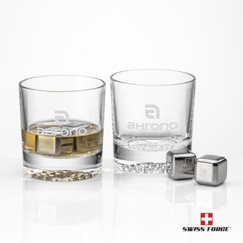 Corporate Recognition Gifts - Etched Barware - Swiss Force&reg; S/S Ice Cubes & 2 Buxton OTR