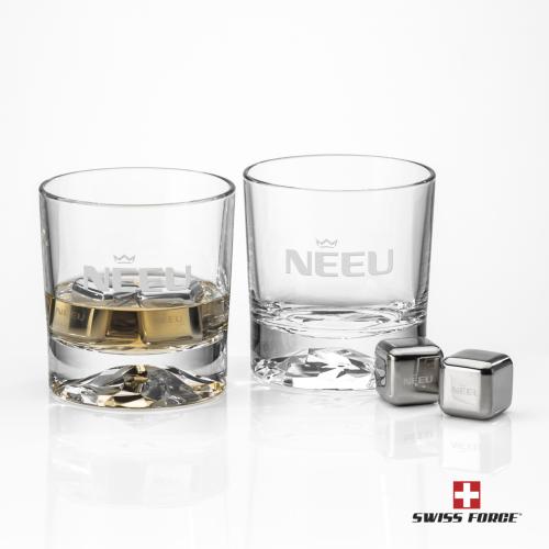 Corporate Recognition Gifts - Etched Barware - Swiss Force&reg; S/S Ice Cubes & 2 Heathfield OTR