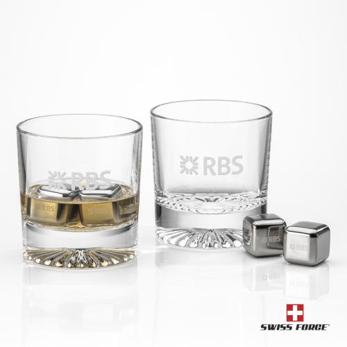 Corporate Recognition Gifts - Etched Barware - Swiss Force&reg; S/S Ice Cubes & 2 Romford OTR