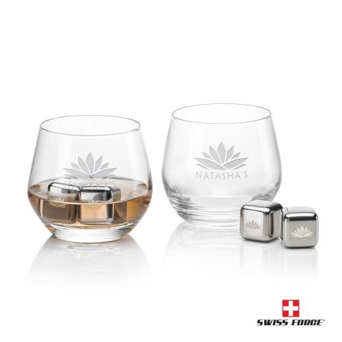 Corporate Recognition Gifts - Etched Barware - Swiss Force&reg; S/S Ice Cubes & 2 Bexley OTR