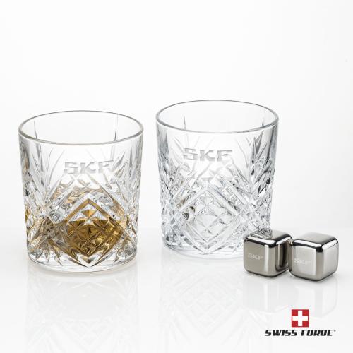 Corporate Recognition Gifts - Etched Barware - Swiss Force&reg; S/S Ice Cubes & 2 Milford OTR