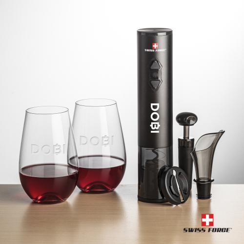 Corporate Recognition Gifts - Etched Barware - Swiss Force&reg; Opener Set & Boston Stemless Wine