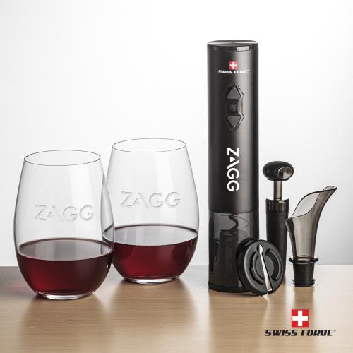 Corporate Recognition Gifts - Etched Barware - Swiss Force&reg; Opener Set & Laurent Stemless Wine