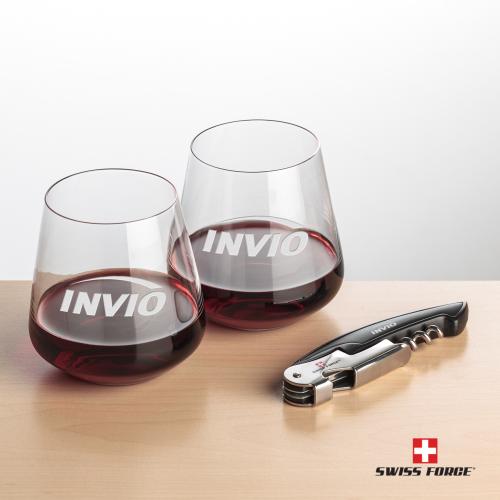 Corporate Recognition Gifts - Etched Barware - Swiss Force&reg; Opener & Breckland Stemless Wine