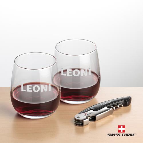Corporate Recognition Gifts - Etched Barware - Swiss Force&reg; Opener & Crestview Stemless Wine