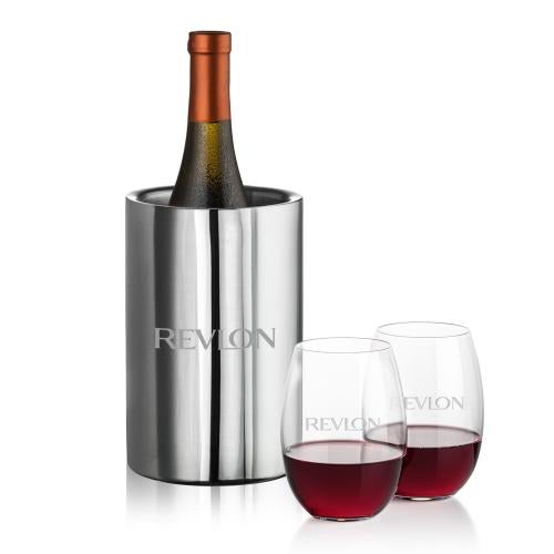 Jacobs Wine Cooler & Carlita Stemless Wine Corporate Recognition Gifts - Etched Barware - Jacobs Wine Cooler & Carlita Stemless Wine