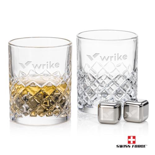 Corporate Recognition Gifts - Etched Barware - Swiss Force&reg; S/S Ice Cubes & 2 Longford OTR