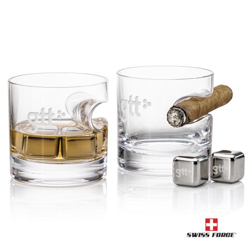 Corporate Recognition Gifts - Etched Barware - Swiss Force&reg; S/S Ice Cubes & 2 Havana OTR