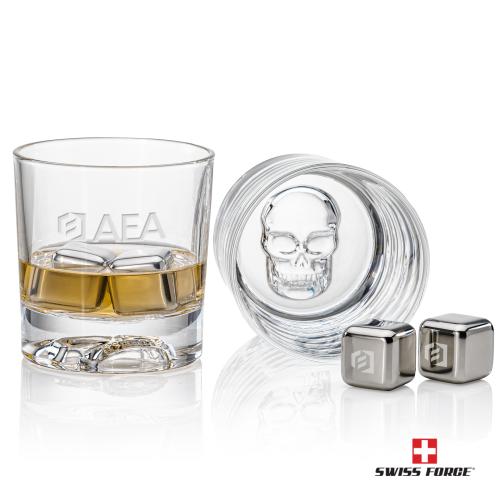 Corporate Recognition Gifts - Etched Barware - Swiss Force&reg; S/S Ice Cubes & 2 Delrina Skull OTR