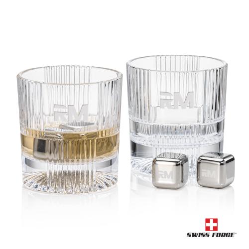 Corporate Recognition Gifts - Etched Barware - Swiss Force&reg; S/S Ice Cubes & 2 Blackwell OTR