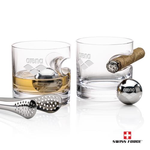 Corporate Recognition Gifts - Etched Barware - Swiss Force&reg; S/S Balls & 2 Havana OTR
