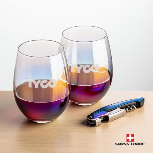 Corporate Recognition Gifts - Etched Barware - Swiss Force&reg; Opener & Miami Stemless Wine