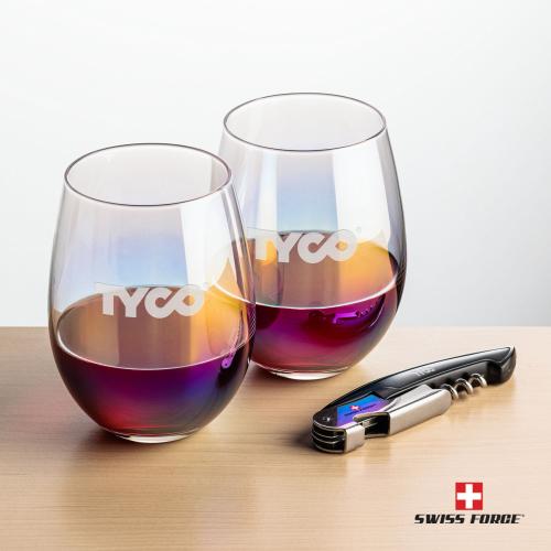 Corporate Recognition Gifts - Etched Barware - Swiss Force&reg; Opener & Miami Stemless Wine