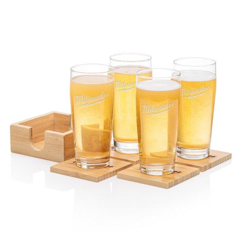 Corporate Recognition Gifts - Etched Barware - Bamboo Coaster Gift Set - Wilmington